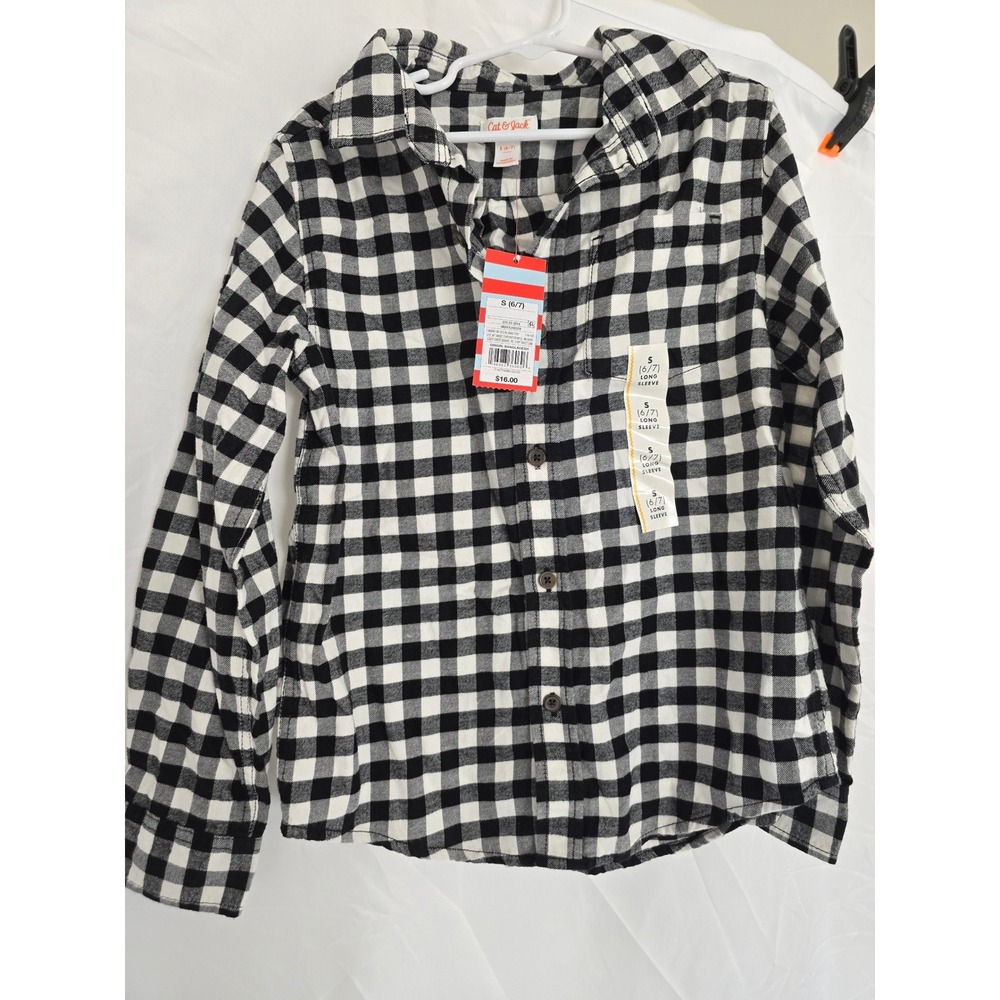 Cat & Jack Girls Black White Buffalo Plaid Long Sleeve Button Up Shirt Size 6/7